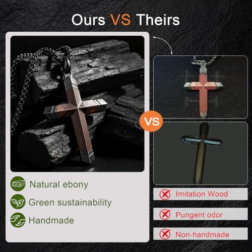 Image of Wooden Cross Necklace for Men with Stainless Steel Adjustable Chain 24-26in, Christian Wood Crucifix Pendant Gift for Him