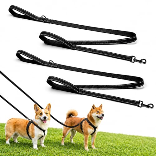 2 Pack Dual Handle Dog Leash 6ft x 1in Heavy Duty Reflective Nylon Leash with Padded Grip Traffic Handle D-Ring Tangle-Free Dog Lead for Small Medium & Large Dogs Safe Night Walks (Black+Black)