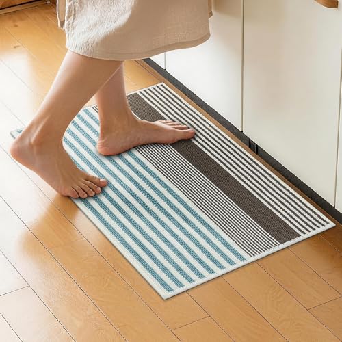キッチンマット 洗える おしゃれ 滑り止め 撥水加工 ロング 台所マット 北欧デザイン 疲労軽減 クッション性 速乾 足元マット (43x70cm, ブルーブラウン)