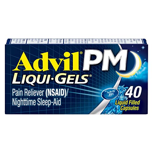 Advil PM Liqui-Gels Pain Reliever and Nighttime Sleep Aid, Pain Medicine with Ibuprofen for Pain Relief and Diphenhydramine HCL for a Sleep Aid – 40 Liquid Filled Capsules – Back to College