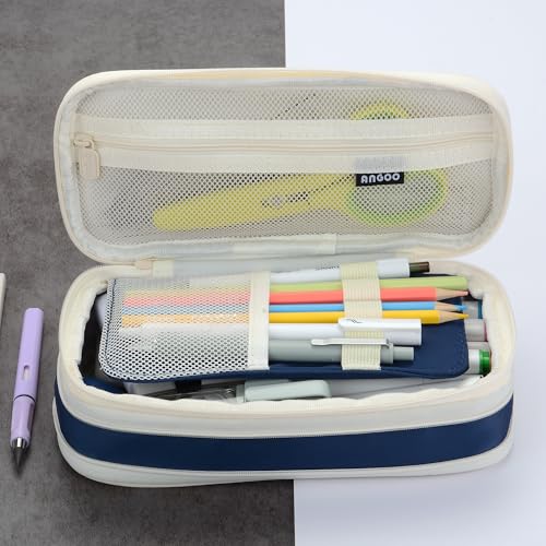 Image of Large Capacity Big Special Cute Aesthetic Preppy Canvas Pencil Case Organizer Holder Pouch Bag with Zipper Compartments, Pen Cases for Women Girls School Adults (Navy)