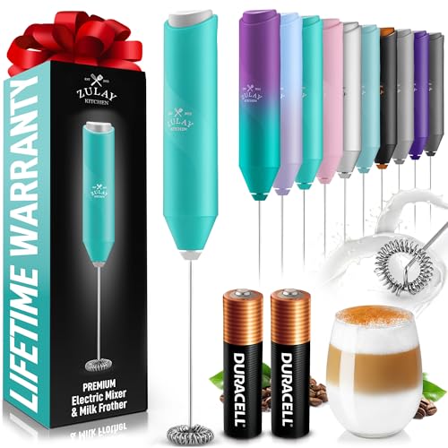 Image of Zulay Kitchen Powerful Milk Frother AA Batteries Included - Ultra Fast Handheld Drink Mixer with Stainless Steel Whisk Stirrer for Coffee, Protein, Matcha & More, Frother Wand Electric Frothmate Aqua