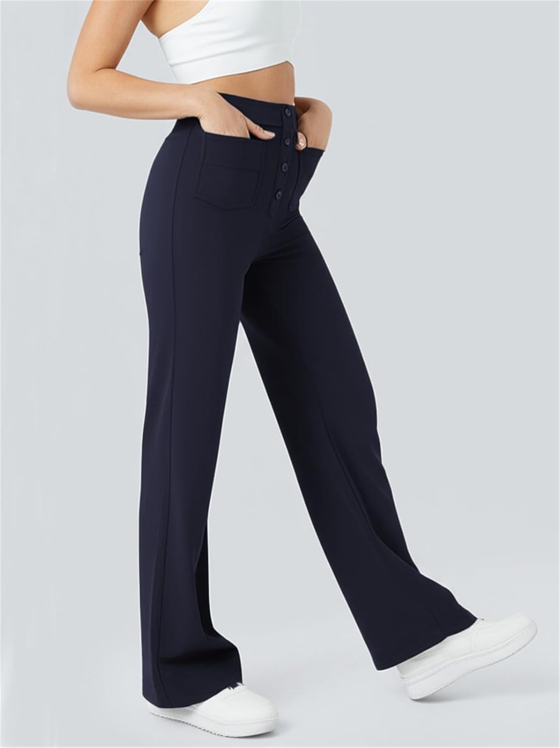 Friptspyg Damesbroek met hoge taille, wijde broek met knoop, rechte pijpen, casual werkbroek, stretch, yogabroek met zakken, Donkerblauw, XXL