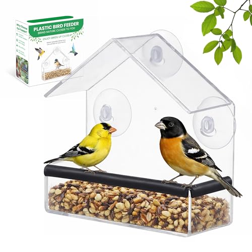 Foxup Window Bird Feeders for Outside Clear Acrylic Bird Feeder with 3 Strong Suction Cups Weatherproof Window Bird Feeder for Small Wild Birds Gift for Bird Lovers