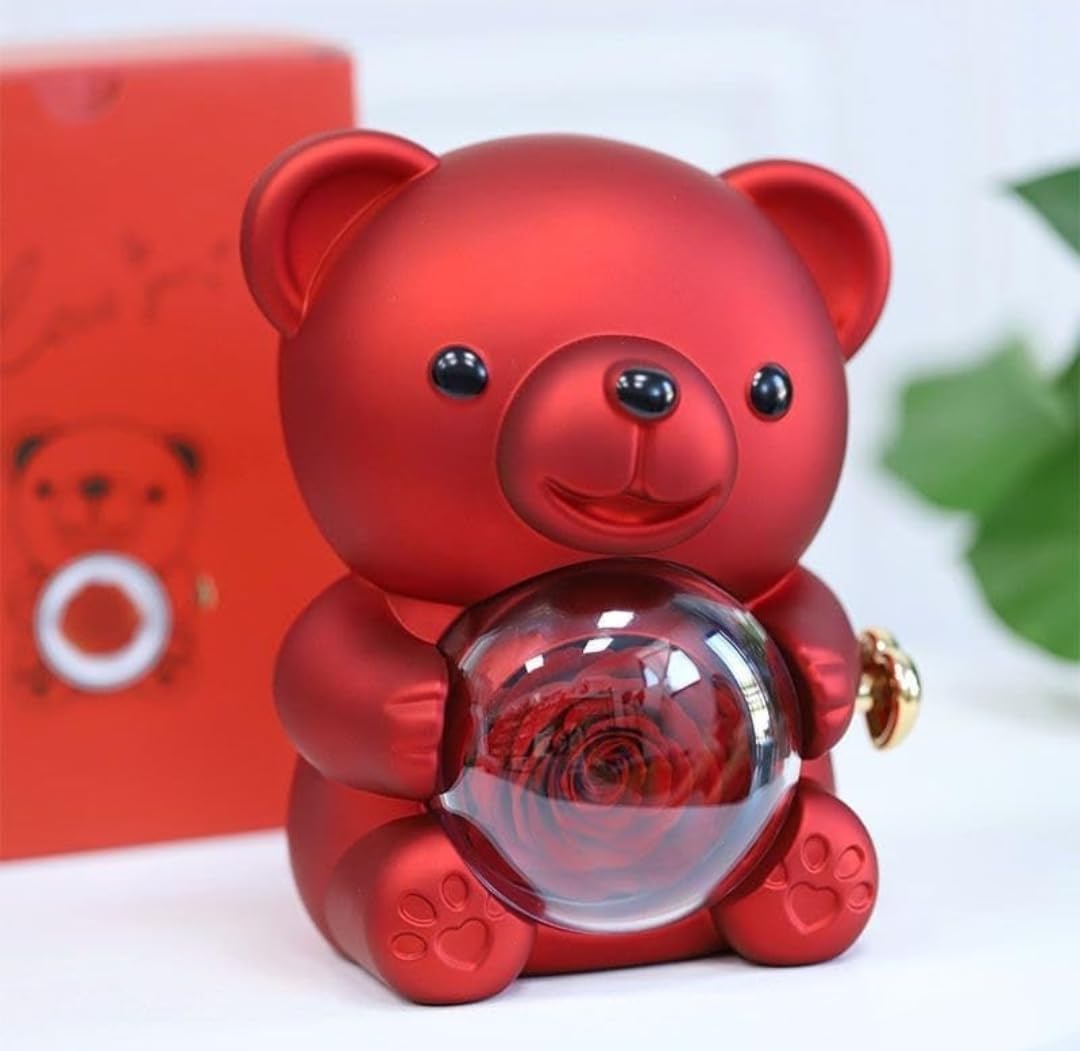 DUNGRANI ENTERPRISE Teddy Bear with Preserved Rose, Flower Forever in Bear with Elegant Gift Box for Women, Romantic Bear Roses Gifts for Valentines Mothers Day Anniversary Day Birthday