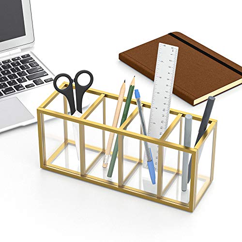 Image of NIUBEE Acrylic Pen Holder 4 Compartments, Gold Copper Border Pencil Organizer Cup for Countertop Desk Accessory Storage