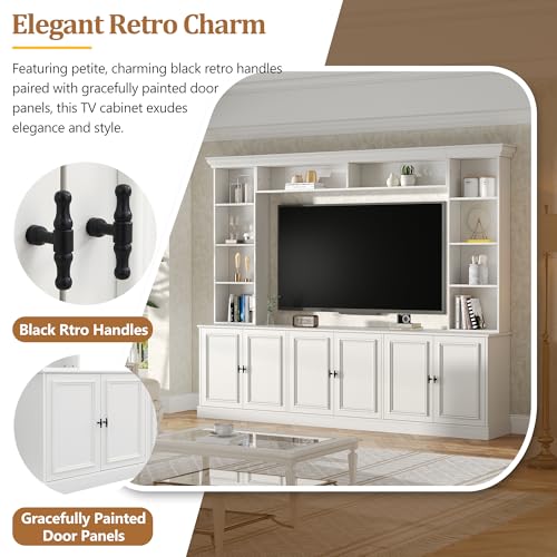 Image of JIJIWANG 97.4 inch W 4-Piece Wall Unit Entertainment Center with Bookshelf for TVs Up to 70 inch, Mid-Century Media Console TV Stand with Adjustable Shelf, Storage Cabinet and Bridge for Living Room, White