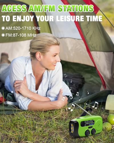 Image of Hand Crank Radio with AM /FM /NOAA Weather Bands,for Emergencies, Camping | 3 LED Flashlights,SOS Function,Solar Powered,Hand Cranked, 2000mAh /7400mWh Charger,for Power Outage - Green