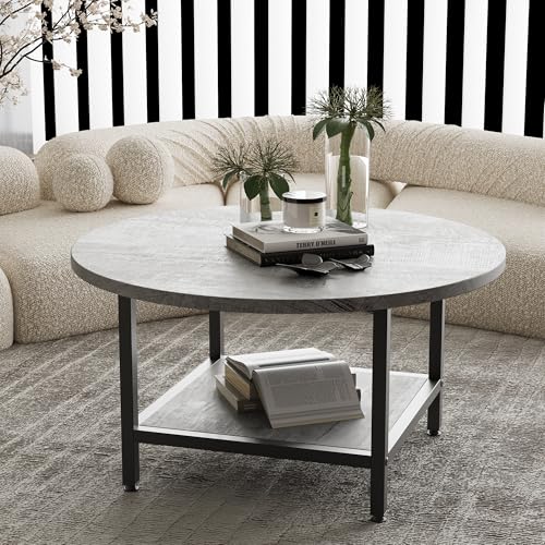 VERFARM Round Coffee Table, Wood Coffee Table with Storage Shelf, 2-Tier Modern Coffee Table for Living Room with Metal Frame Home Furniture, Easy Assembly, Grey