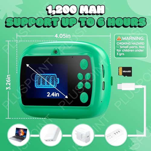 Image of PLUSPOINT Cute Cartoon Instant Print Camera for Kids, Dual Selfie Digital Camera with 1080P HD Videos Recoding, Instant Photo Printer Best Birthday Gift for Boys and Girls