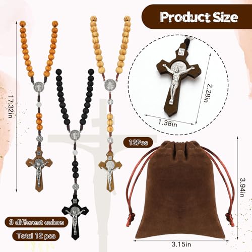 12 Set Wooden Bead Rosary Necklace Catholic Rosary Wood Carved Solid Beads with Jesus Cross Our Father with Velour Gift Pouch Baptism Favors Catholic Gift(Multicolor)2