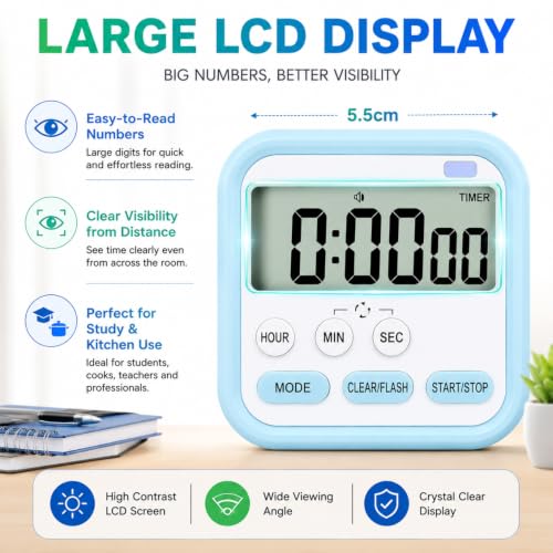 Image of Timer Clock for Study, Stopwatch for Study, Digital Alarm Clock with Large LCD Display, Magnetic Kitchen Timer, Countdown & Stopwatch Timer, Digital Clock for Table, Adjustable Stand (Blue)