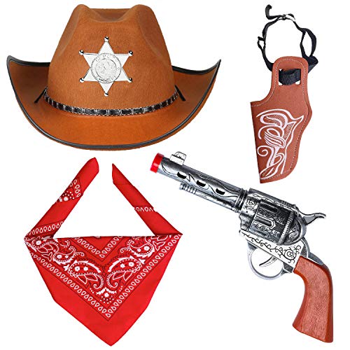 Haichen Accesorios de Disfraces de Vaquero Sombrero de Vaquero Bandana Pistolas de Juguete con Fundas de cinturón Juego de Vaquero para la Fiesta de Halloween (marrón) Cover