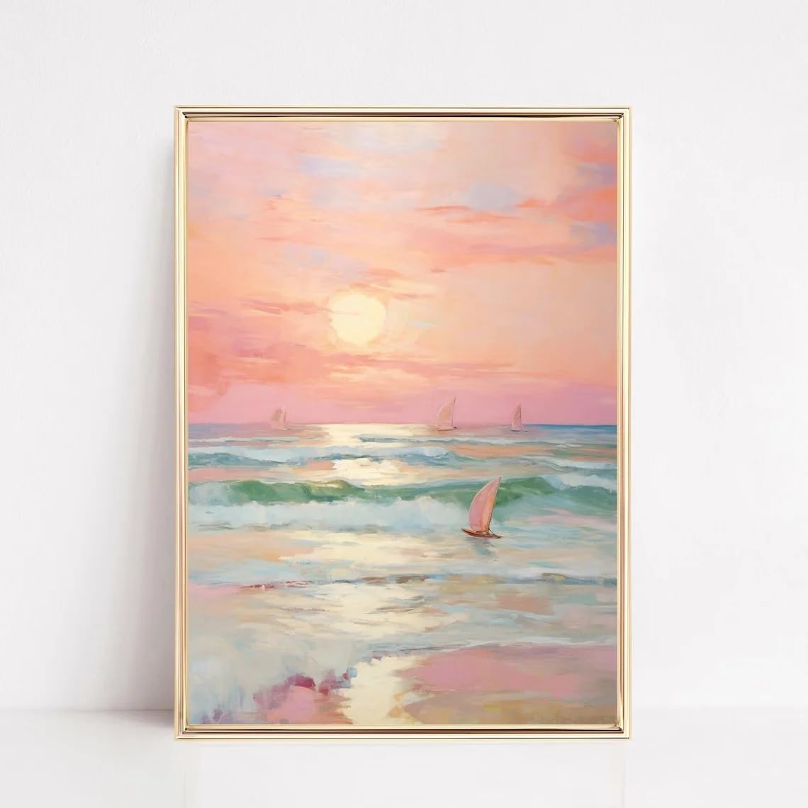 Póster de lienzo con diseño de atardecer en tonos pastel, rosa rubor, playa costera, océano, arte mural bohemio para sala de estar, decoración moderna para el hogar (50x70cm/marco interno)