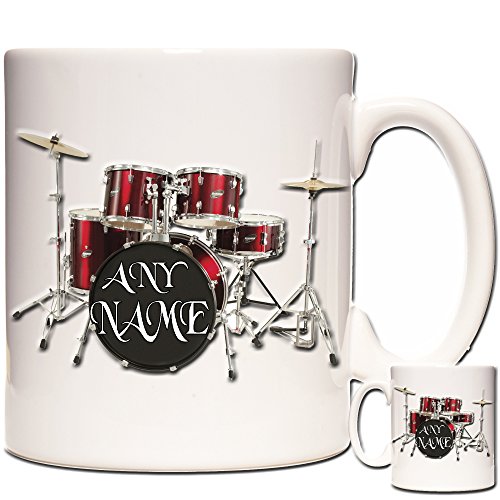 Image of YOUR NAME HERE RED DRUM MUG, Personalised Drum Kit Drummer Music Rock Band Novelty Gift Mug, ceramic gift mug for drummers everywhere. Red Drum Kit Mug