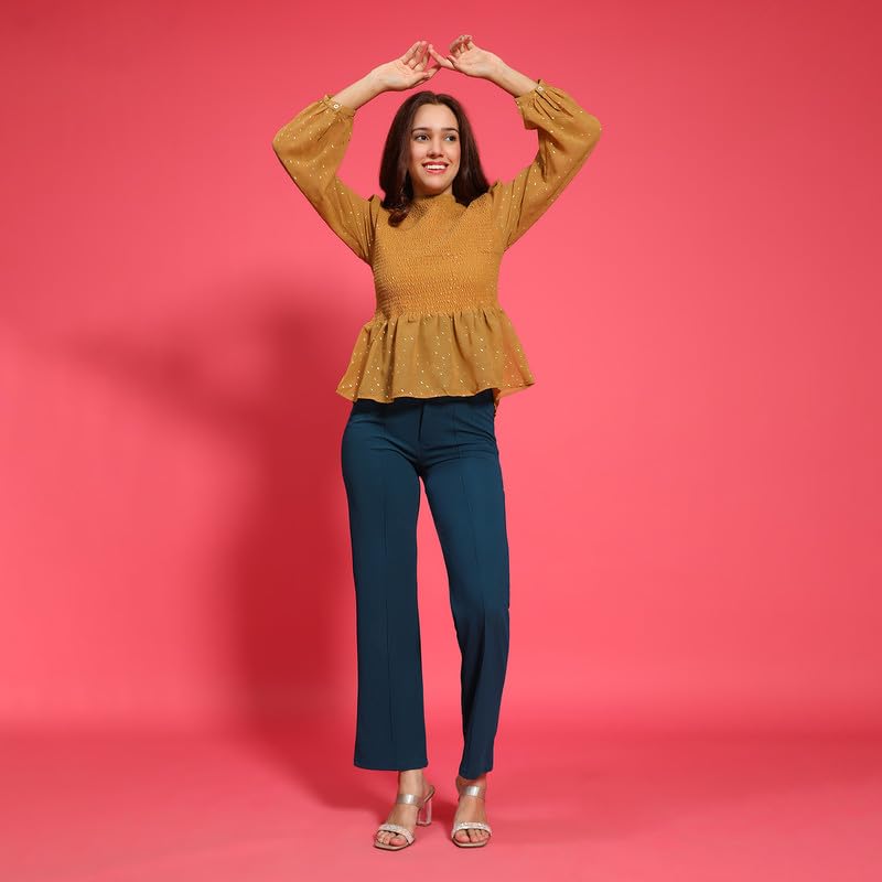 Image of oxolloxo Women Round Neck Long Sleeve Smocked Peplum Top