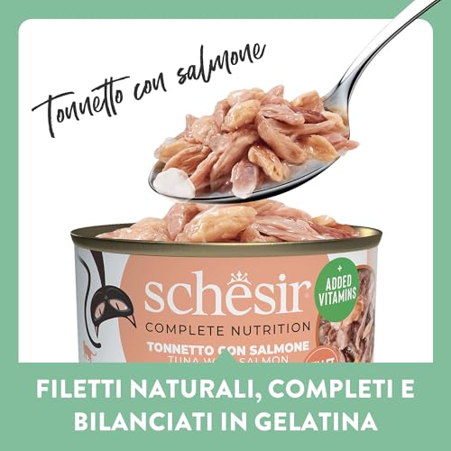 Schesir, Thunfisch mit Lachs in Gelee, komplettes Nassfutter für Katzen, in Dose, mit zusätzlichen Vitaminen, 100% natürlich, 6 x 85 g