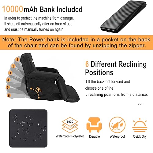 Heated Massage Reclining Stadium Seat, Bleacher Chair with 10000mAh Portable Bank, 6 Reclining Positions for Camping, Games & Sports - Image 4
