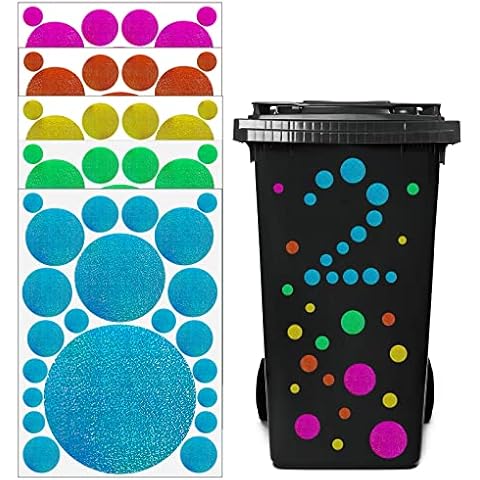 Wheelie Bin Stickers, Colorful Dots Dustbin Sticker Waterproof Reflective Stickers Self-adhesive for Wall, Window, Door, Bin, Fridge 5 Sheets Cover