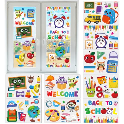 Cinrobiye 9 Sheets Back to School Window Clings Reusable Classroom Window Decorations with School Bus Pencil Welcome Designs for First Day of School Classroom Windows Bulletin Boards & Glass