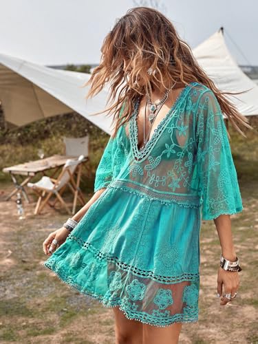 Image of Eomenie Women's Contrast Lace Bathing Suit Cover Up V-Neck Swimsuit Coverups Loose Swimwear Beach Dress Beachwear
