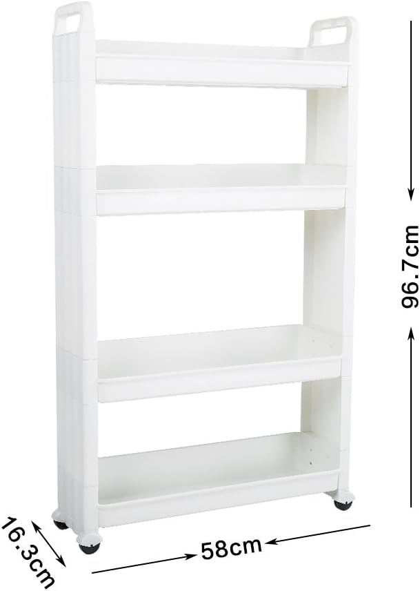 BAOYOUNI Slim Storage Cart Between Washer Dryer Cabinet Rolling Shelf Slide Out Tower Narrow Space Organizer Rack with Wheels for Laundry, Bathroom, Kitchen & Living Room (4-Tier)