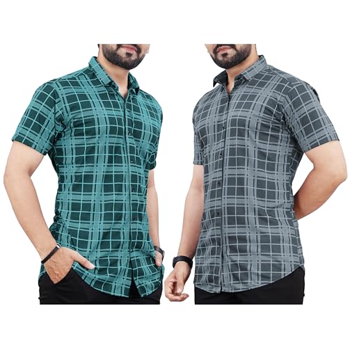Image of LookMark Men's Trendy Lycra Blend Spread Collar Half Sleeve Printed Shirts - Elevate Your Style with Comfort and Versatility (Pack of 2)