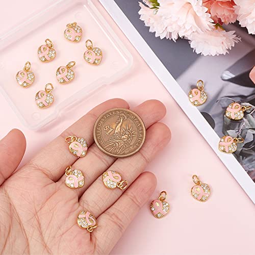 Beebeecraft 1 Box 15Pcs Heart Pink Ribbon Charms 18K Gold Plated Brass Breast Cancer Awareness Cubic Zirconia Pendants Charm with Jump Ring for DIY Jewelry Craft Making Supplies - Image 3