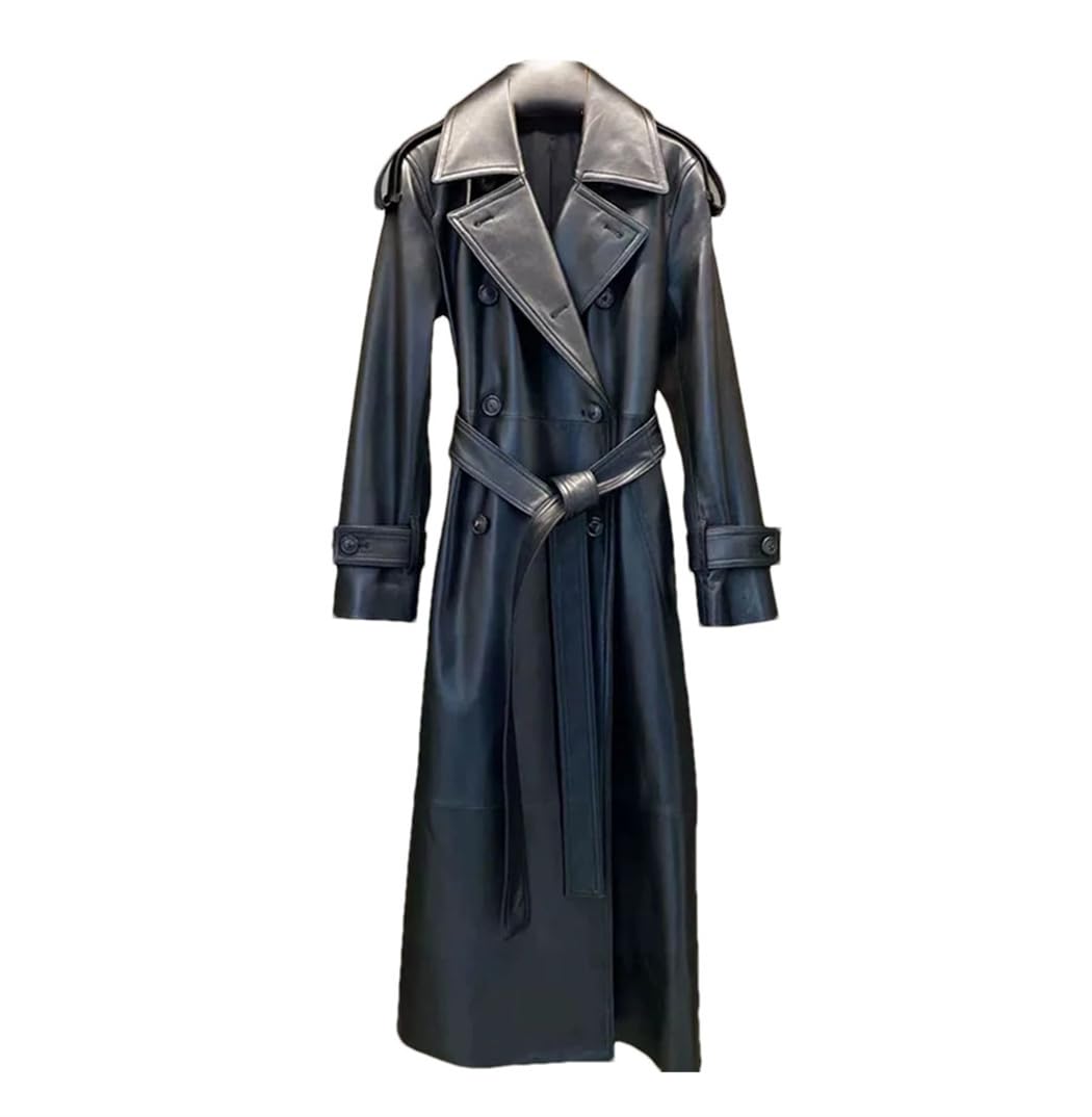 Womens Black Red Sheepskin Trench Coat Autumn Winter Lapel Collar Double-Breasted Slim Fit Long Jacket