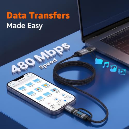 Image of amazon basics 100W Magnetic Charging Cable with LED Indicator, Self-winding, 480Mbps, 4 Ports (2 Type-C, Type-A, Apple Connector), 1.3M Length, For Laptops, Tablets, & High-power Devices (Black)
