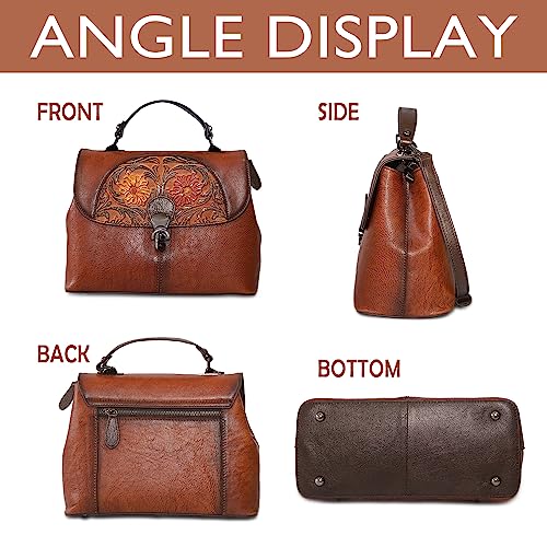 Image of Genuine Leather Satchel for Women Top Handle Bags Handmade Purse Vintage Embossed Leather Crossbody Handbags Hobo Bag