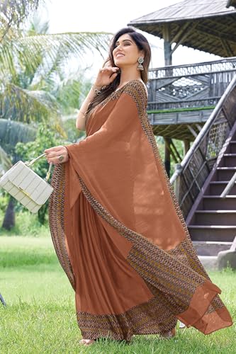 Image of MIRCHI FASHION Saree for Woman Chiffon Georgette Polka Dot Border | Plain Lightweight Women's Sari with Printed Pallu and Blouse Piece
