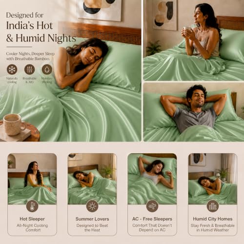Image of HOMEMONDE 100% Bamboo King Size Flat Bedsheet with 2 Pillow Covers | 300 TC Luxury Cooling Bed Sheet | Ultra Soft, Breathable & Moisture Wicking | (Sage Green, 108x108 Inches)