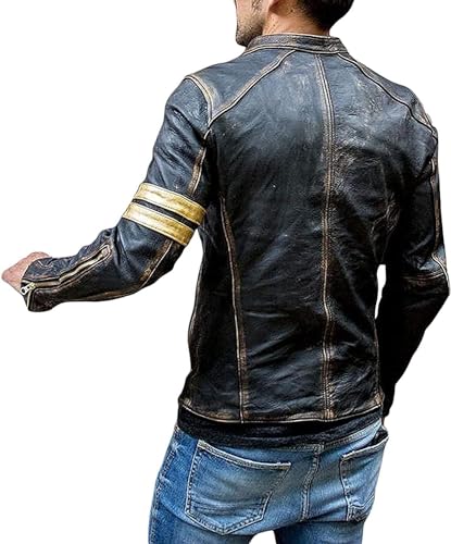 Men's Vintage Cafe Racer Golden Stripes Distressed Brown Leather Jacket Motorcycle Vintage Leather Jacket For Men4