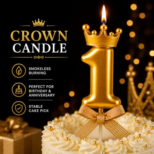 Image of Number 1 Cake Decoration Unscented Wax Candle with Crown for Birthday, Wedding, Engagement, Theme Party, Bachelorette Celebration 1 Pc Gold