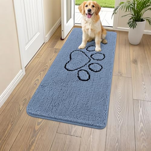 Image of Smiry Dog Door Mat for Muddy Paws, Absorbent Dirt Trapper Non Slip Quick Dry Washable Chenille Mat for Mud Dogs, Entry Rug for Indoor and Outdoor (47x24 Inches, Airy Blue and Black)