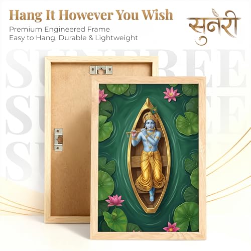 Image of Suneree Radha Krishna 3D Lotus Pond Wall Art Painting | Set of 2 Framed Paintings | Spiritual Indian Decor for Living Room Bedroom Pooja Room | (ART 9, 13x19 INCHES)