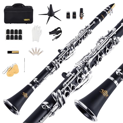 YANASON B - Clarinete plano de 17 llaves con 2 barriles, estuche, soporte, correa, cañas, 8 almohadillas para orejas, 2 paños de limpieza y más