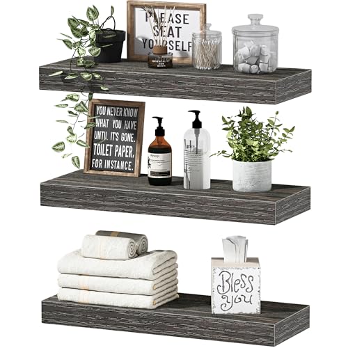 Image of QEEIG Floating Shelves for Wall Bathroom Shelf Bedroom Kitchen Living Room Hanging Book Shelves Small Farmhouse Decor 16 inch Set of 3, Grey (015-GY3)