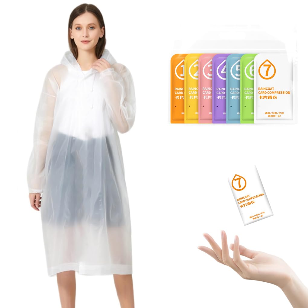 Aowin 7 Pack Disposable Rain Ponchos for Adults,Portable Rain Coats,Emergency Raincoats with Drawstring Hood&Sleeves,Waterproof Rain Ponchos for Camping,Hiking Travel Outdoor Activities(Multicolour)