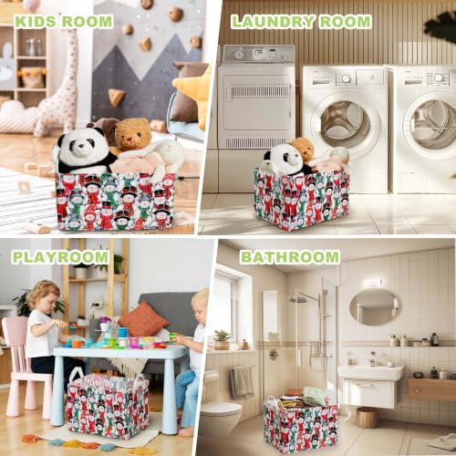 Image of Christmas Red Green Snowman Storage Baskets, Empty Christmas Gift Baskets, Holiday Home Decor, Large Square Waterproof Canvas Laundry Hamper With PE Coating, Foldable Toy & Clothes Bins for Bedroom