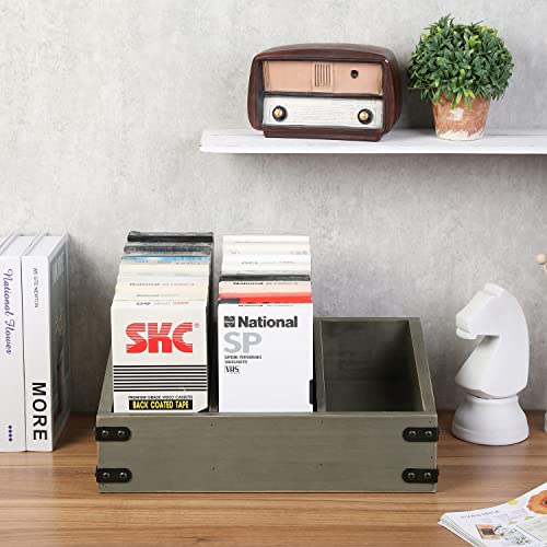 Mygift Vintage Gray Solid Wood Nostalgia Vhs Cassette Case Storage Box With 3 Divided Compartments And Metal Corner Wraps, Retro Video Tape Holder #TOP1