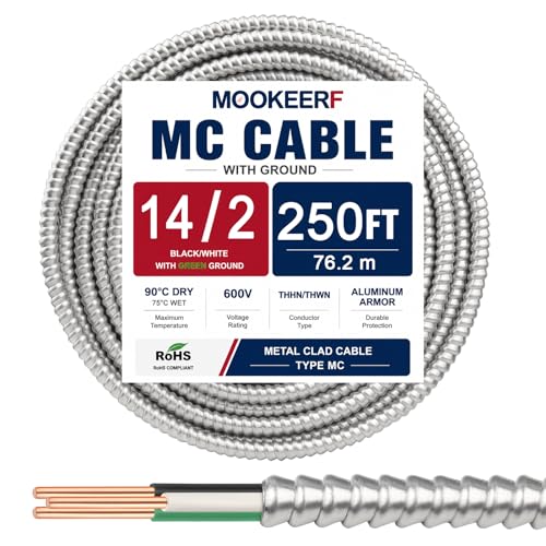 Image of MOOKEERF 14 /2 MC Cable with Ground - 250FT Pure Copper 14AWG /2 Metal Clad Wire with Aluminum Armor 14 Gauge 2 Conductor Type MC Alum Cable