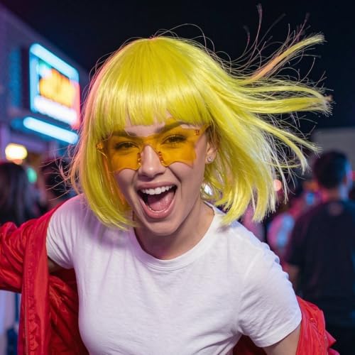 Image of ANOGOL Yellow Bob Wig with Bangs Short Yellow Wigs for Women Funny Costume