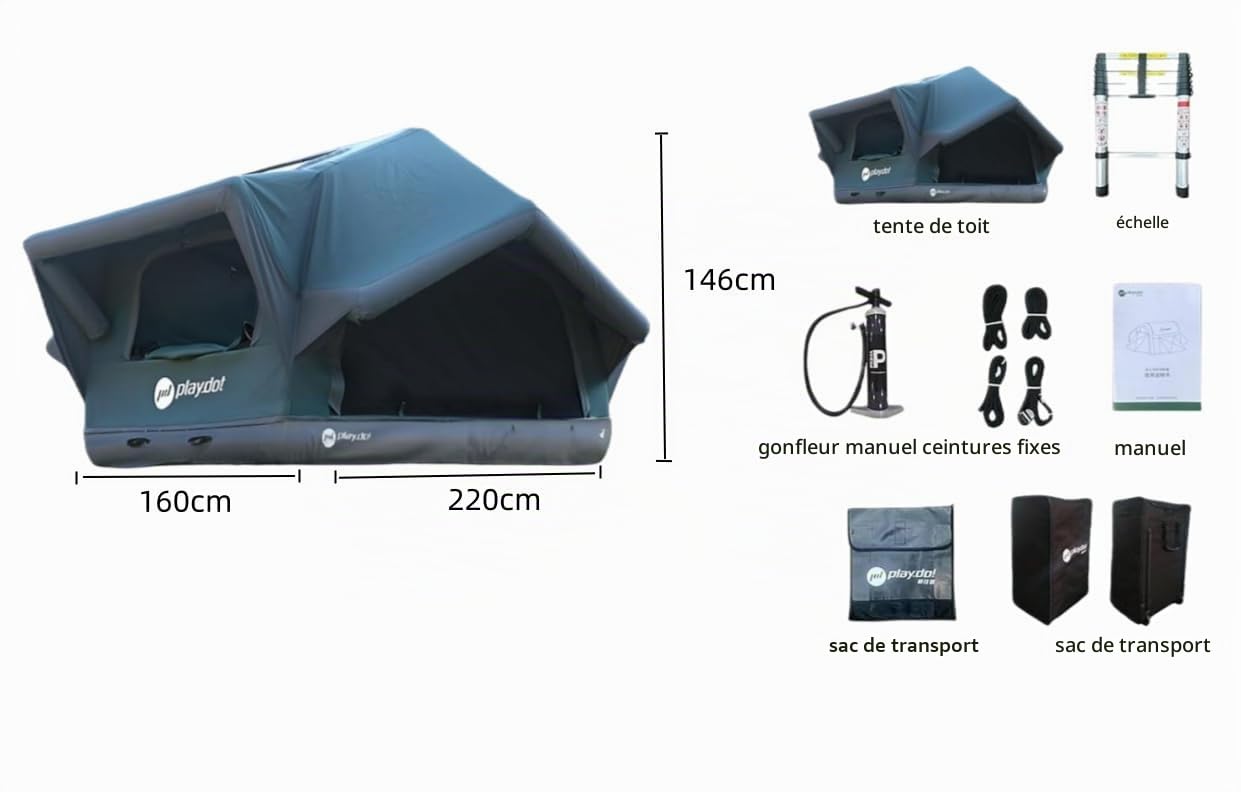 TentHome Tente de Toit pour Voiture 2-3 Places Imperméable, Tente de Camping Faciles à Installer, Tente Gonflable en Coton et Polyester pour SUV Van Fourgon Camion (Tente)