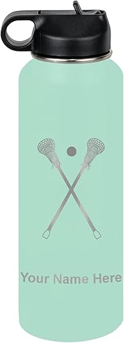 Vista 331 de LaserGram Botella de agua personalizada, palitos de lacrosse, acero inoxidable de doble pared aislada al vacío con popote superior, regalo grabado