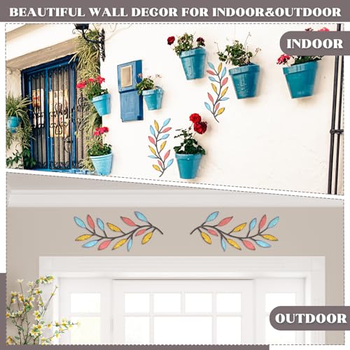 Image of Zhengmy 2 Pieces Metal Tree Leaf Wall Decor Vine Olive Branch Leaf Wall Art Living Room, Hallway Wall Decor Outdoor Decoration (Spring Colors)