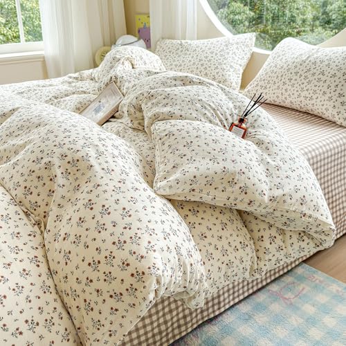 Image of VM VOUGEMARKET Soft Muslin Cotton Duvet Cover Set Queen Size Floral Duvet Cover with 2 Pillowcases Lightweight Breathable Bedding Comforter Cover for Teen Girls