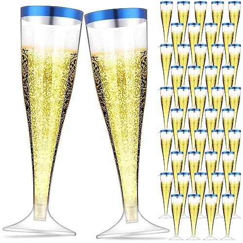 Zubebe 100 Pcs Plastic Champagne Flutes 4.5oz Classic Champagne Clear Plastic Cups Wedding Party Toasting Cocktail Cups Bulk Home Toasting Drinking Party(Blue)