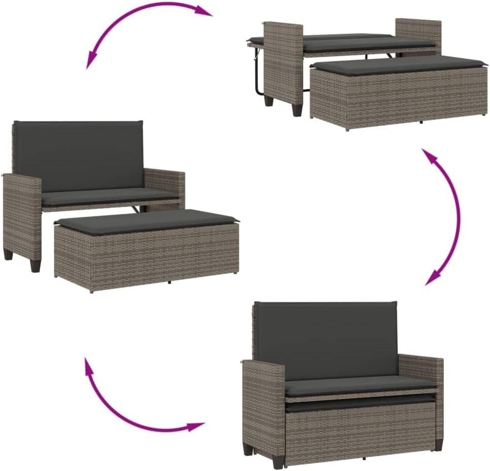 vidaXL Patio Bench with Cushions and Footstool, Garden Bench Seat, Outdoor Loveseat, Park Bench, Patio Furniture, Modern Style, Gray Poly Rattan